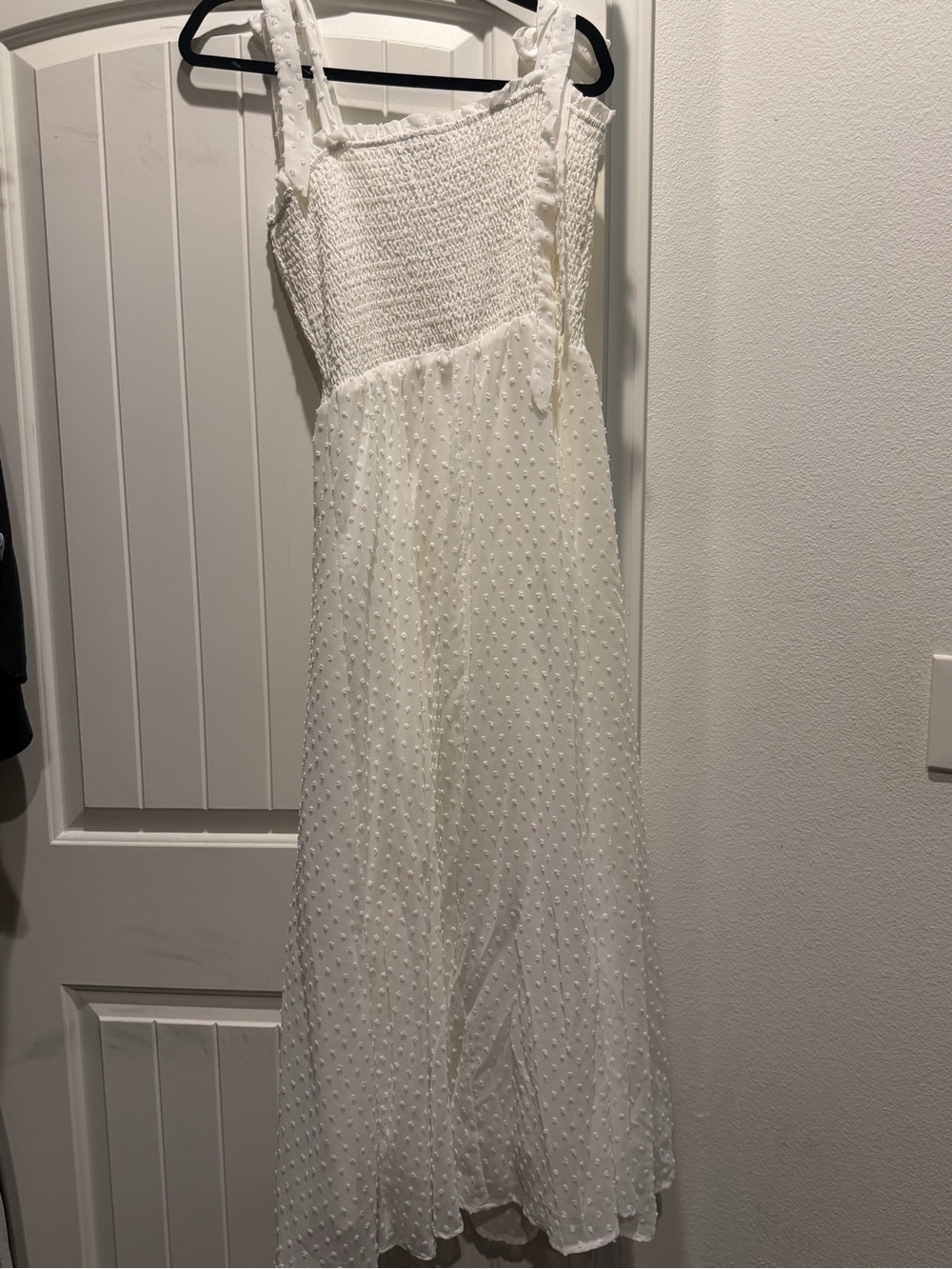 New White Swiss Dot Smocked Maxi Dress
